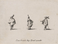 KG 10866
<br/>
Vrouw met opgeheven rok en twee mannen ("Fantasieën")
<br/>
<em>Callot, Jacques (1592 - 1635)</em>